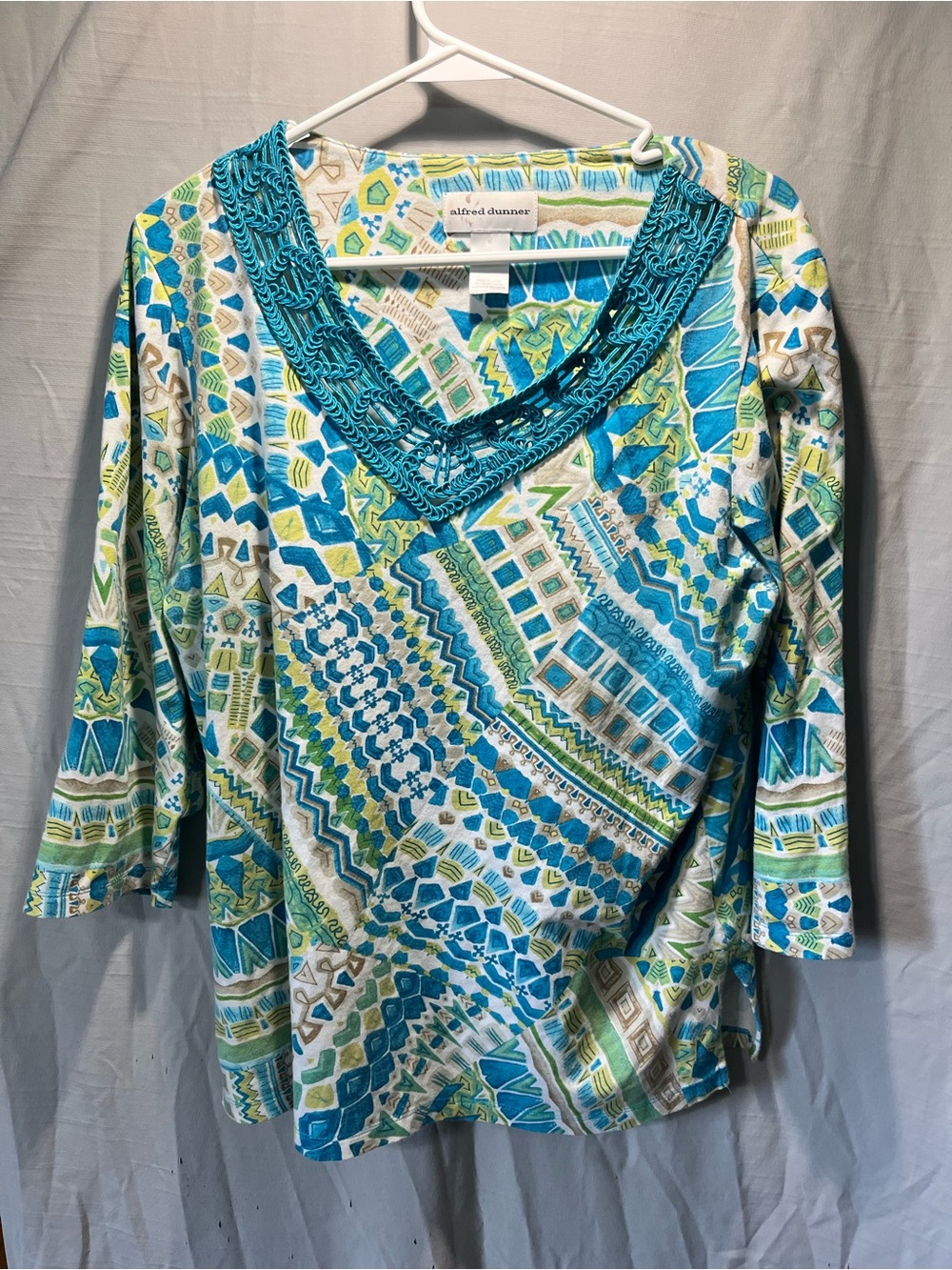 Alfred Dunner Teal Crochet V-Neck Geometric Print Tunic